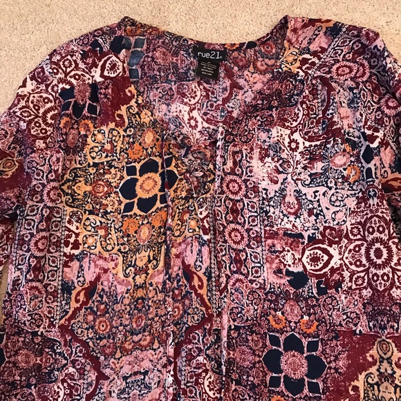 Rue21 Semi Sheer Printed Blouse Women Medium Burgundy Cream Earthy Boho Festival - Picture 2 of 9
